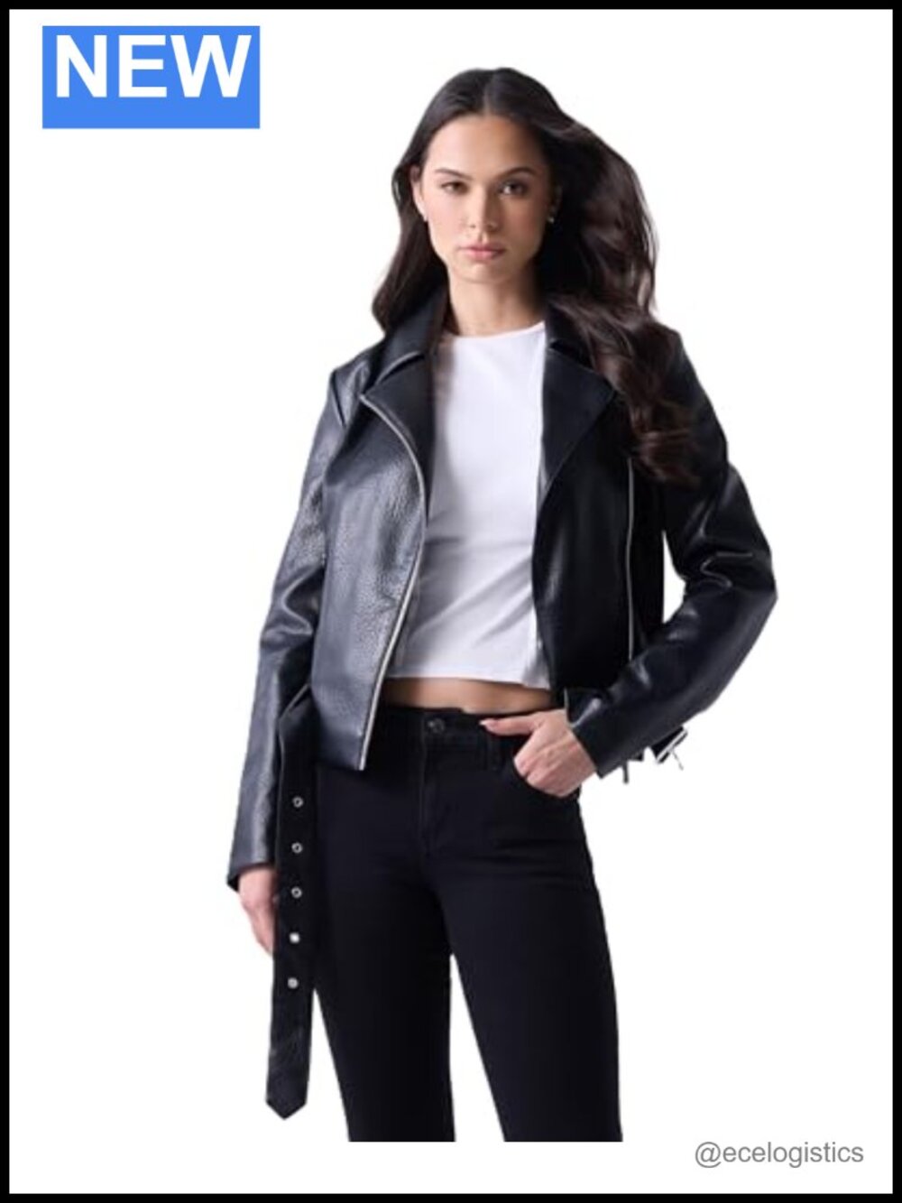 Faux Leather Belted Biker Jacket with Zippers